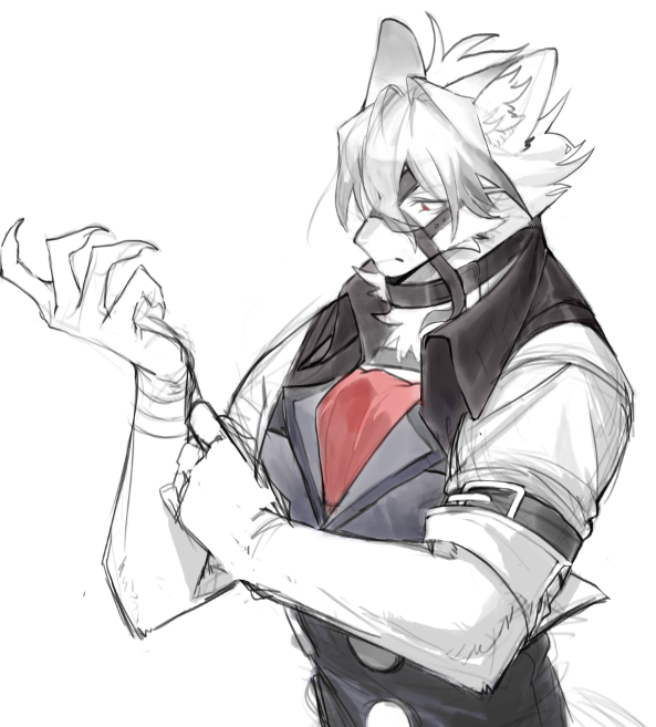 1boy, animal_ears, ascot, claws, closed_mouth, colored_tips, commentary, english_commentary, furry, furry_male, gompriest, grey_vest, male_focus, multicolored_hair, red_ascot, red_eyes, shirt, vest, von_lycaon, white_background, white_shirt, wolf_boy, wolf_ears, zenless_zone_zero