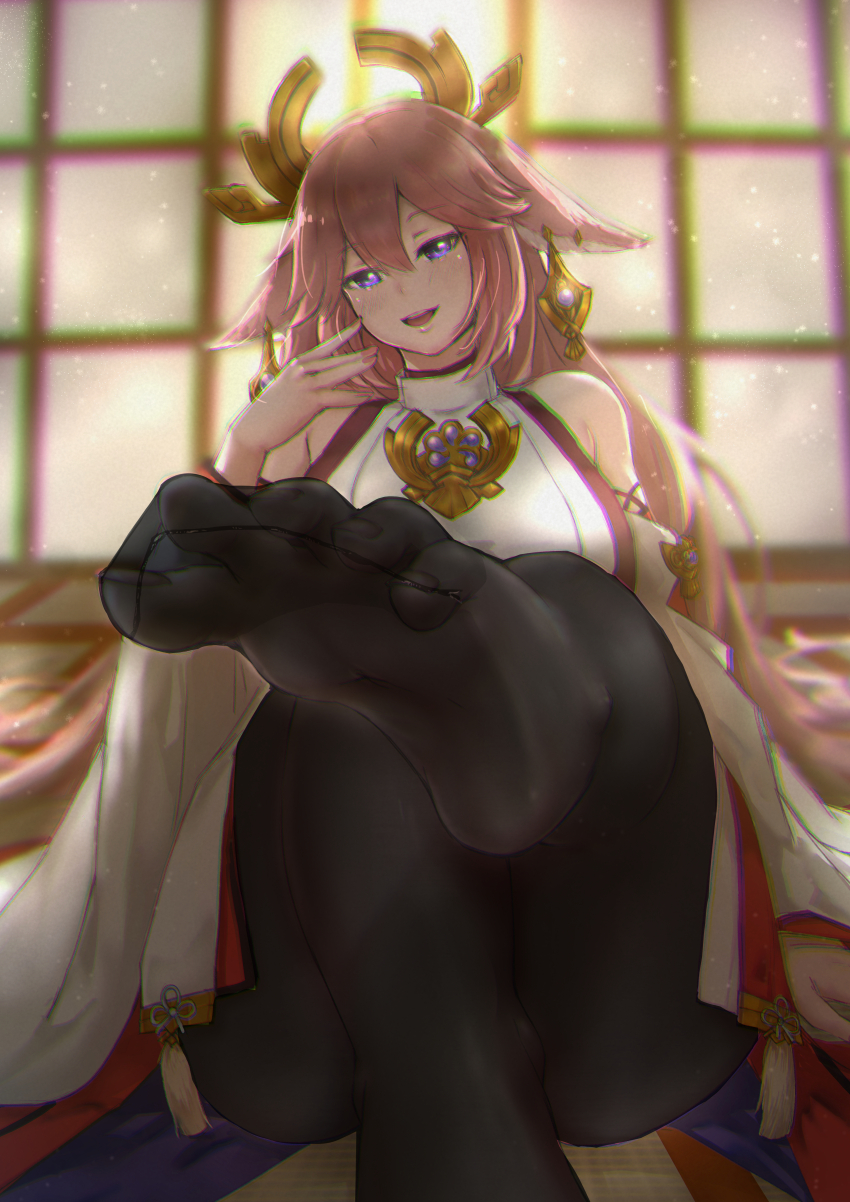 1girl, absurdres, black_pantyhose, blush, chromatic_aberration, feet, foot_up, genshin_impact