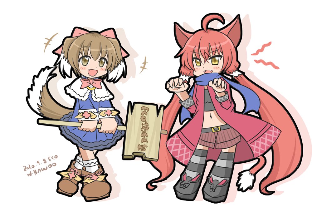 2girls, ahoge, animal_ears, black_boots, black_shirt, blue_dress, boots, bow_alma