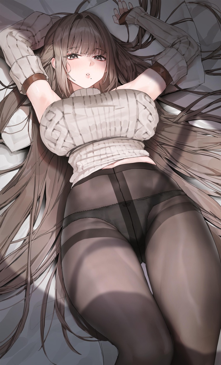 1girl, absurdres, aran_sweater, armpits, arms_up, bare_shoulders, black_pantyhose, black_survival, breasts, brown_hair, cable_knit, chloe_lim, detached_sleeves, eternal_return:_black_survival, grey_eyes, head_on_pillow, high-waist_pantyhose, highres, large_breasts, long_hair, long_sleeves, looking_at_viewer, lying, mole, mole_under_mouth, on_back, on_bed, panties, panties_under_pantyhose, pantyhose, parted_lips, pillow, sleeveless, sleeveless_turtleneck, sleeves_past_wrists, solo, sweater, tunamayo_(dsasd751), turtleneck, turtleneck_sweater, underwear, very_long_hair, white_sleeves, white_sweater