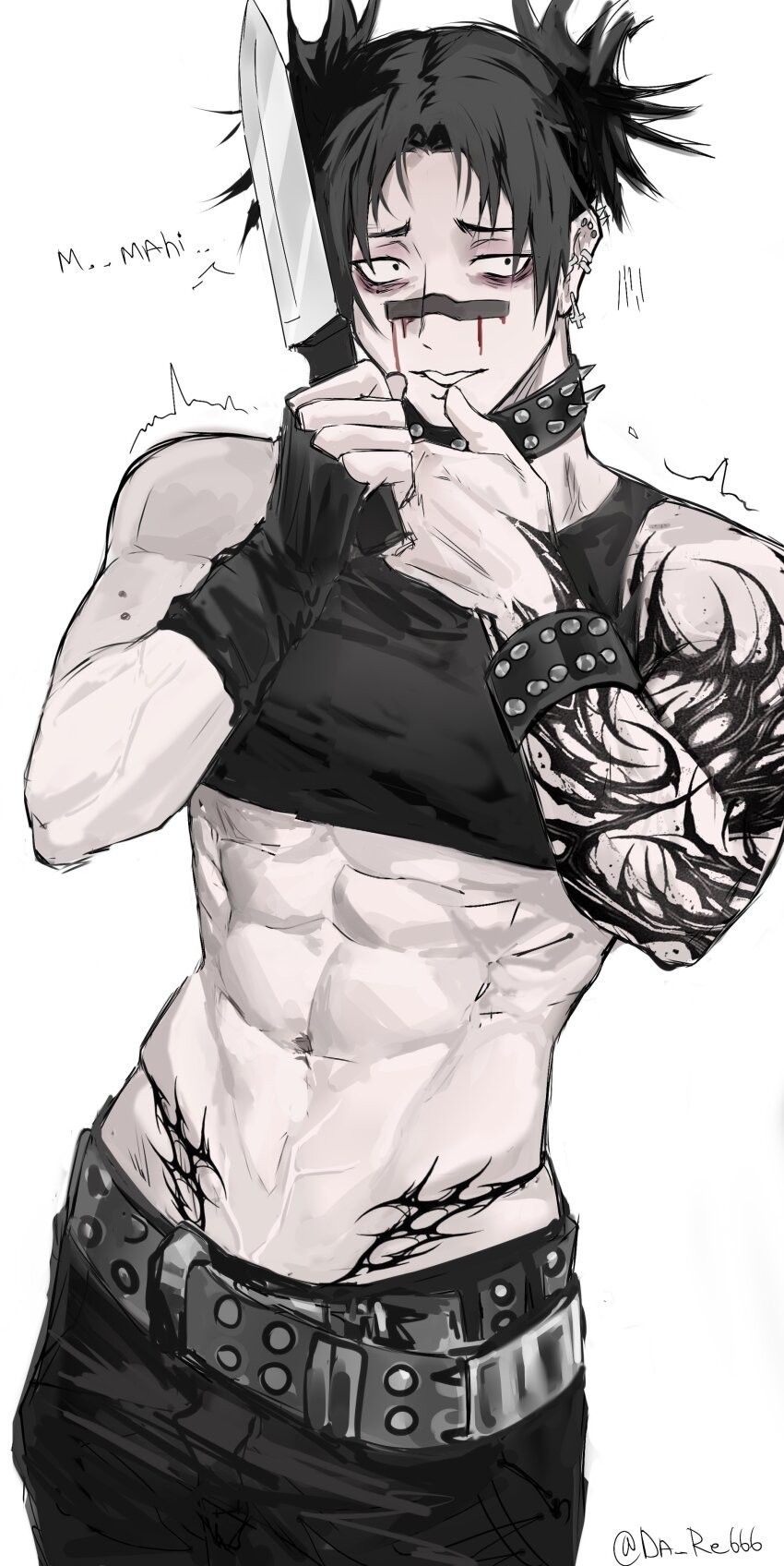 1boy, abs, absurdres, arm_tattoo, asymmetrical_gloves, belt, black_pants, black_tank_top