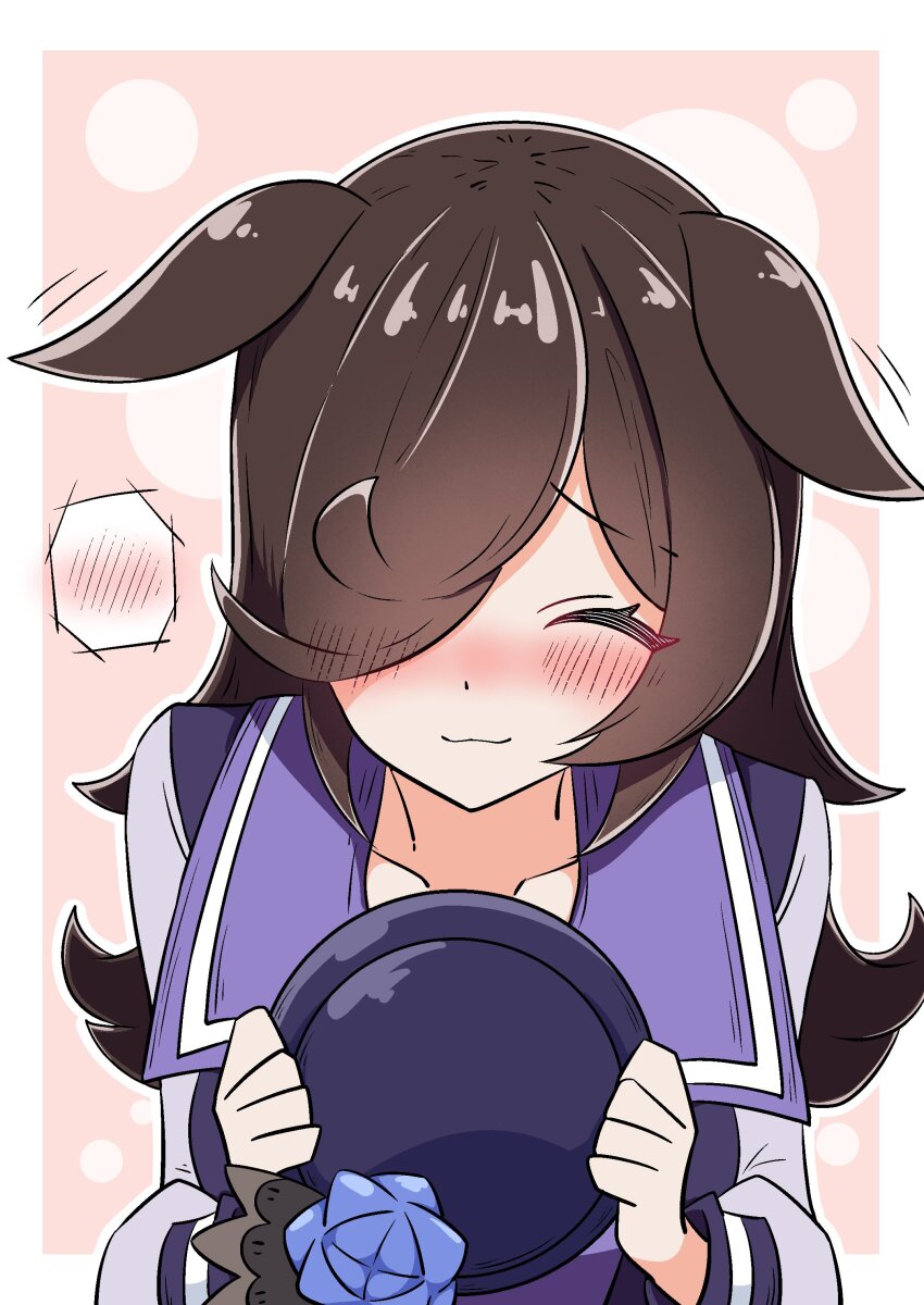 1girl, absurdres, akkunz, animal_ears, black_hair, blush, closed_eyes, collarbone, ears_down, flower, hair_over_one_eye, hat, hat_flower, highres, holding, holding_unworn_clothes, holding_unworn_hat, horse_ears, horse_girl, long_hair, long_sleeves, motion_lines, purple_hat, purple_sailor_collar, purple_shirt, rice_shower_(umamusume), sailor_collar, shirt, solo, spoken_blush, umamusume, unworn_hat, unworn_headwear, very_long_hair, waiting_for_headpat