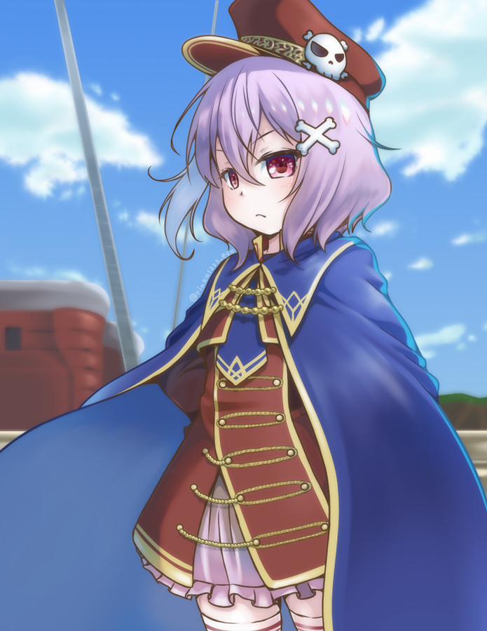 1girl, arms_behind_back, blue_cloak, blue_sky, brown_hat, brown_jacket, cloak, emil_chronicle_online