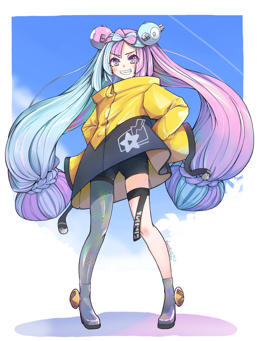 1girl, absurdres, bike_shorts, boots, bow-shaped_hair, character_hair_ornament, commentary_request, full_body