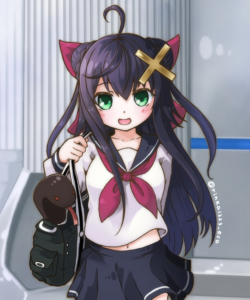 1girl, ahoge, bag, black_bag, black_hair, black_skirt, double_bun, emil_chronicle_online