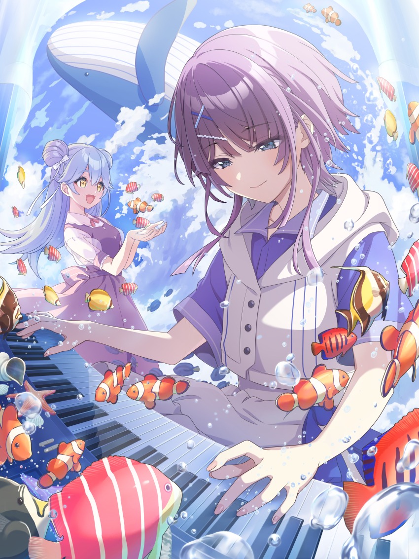 2girls, absurdres, agarie_nagi, aqua_hair, artist_request, blue_eyes, blue_shirt, bow