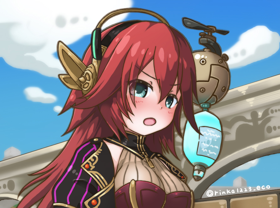 1girl, android, armor, automedic_alma, black_sleeves, blue_eyes, blue_sky, blush, breastplate, breasts, clothing_cutout, detached_sleeves, dress, drone, emil_chronicle_online, long_hair, medium_breasts, off_shoulder, open_mouth, red_armor, red_hair, rinka1223_eco, robot_ears, shoulder_cutout, sky, sleeveless, sleeveless_dress, upper_body, white_dress