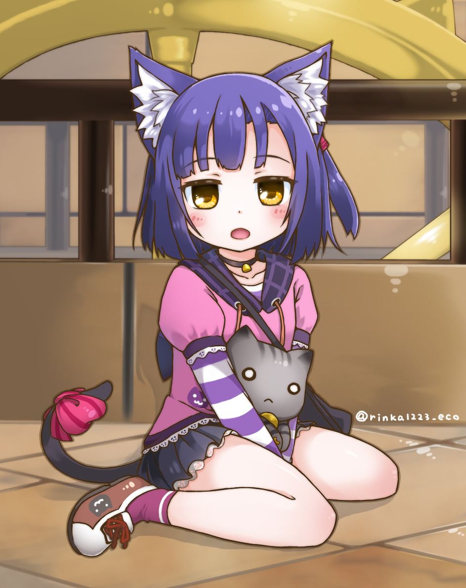 1girl, animal_ears, bastet_lore, bell, blue_skirt, boots, brown_boots, cat_ears, cat_girl, cat_tail, collar, emil_chronicle_online, frilled_skirt, frills, holding, holding_stuffed_toy, neck_bell, official_alternate_costume, open_mouth, pink_shirt, pink_socks, red_ribbon, ribbon, rinka1223_eco, shirt, side_ponytail, sitting, skirt, socks, stuffed_toy, tail, tail_ornament, tail_ribbon, twitter_username, wariza, yellow_eyes