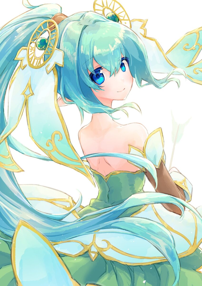 1girl, arrow_(projectile), blue_eyes, brown_gloves, dress, elbow_gloves, emil_chronicle_online, from_behind