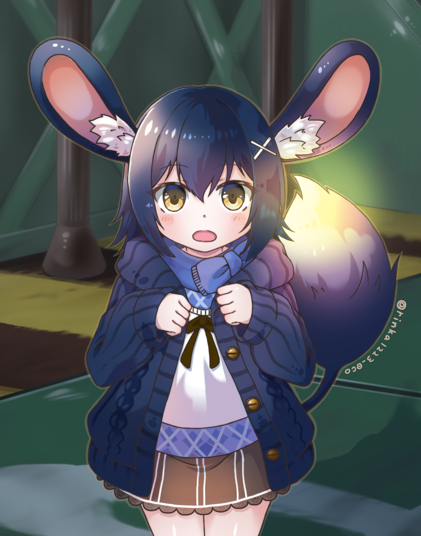 1girl, animal_ears, black_hair, black_jacket, blue_scarf, brown_skirt, emil_chronicle_online, hair_ornament