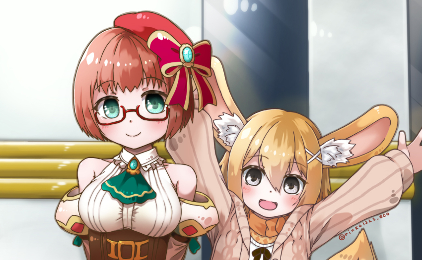 2girls, animal_ears, beret, black_eyes, blonde_hair, breasts, brown_corset, corset