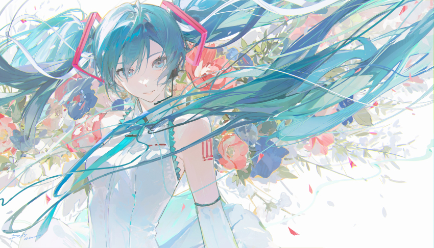 1girl, absurdres, aqua_necktie, aqua_trim, arm_tattoo, blue_eyes, blue_hair, commentary_request