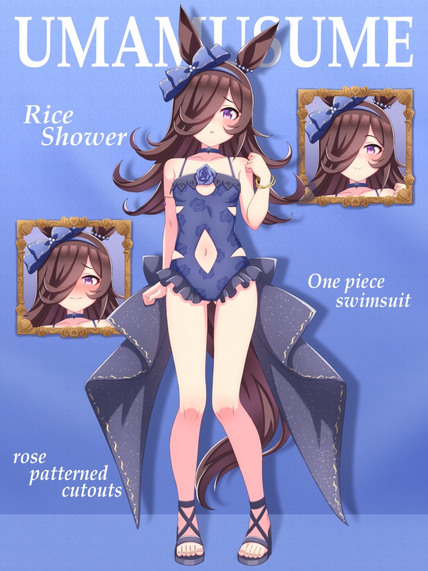 1girl, animal_ears, bare_arms, bare_legs, bare_shoulders, blue_background, blue_flower, blue_hairband