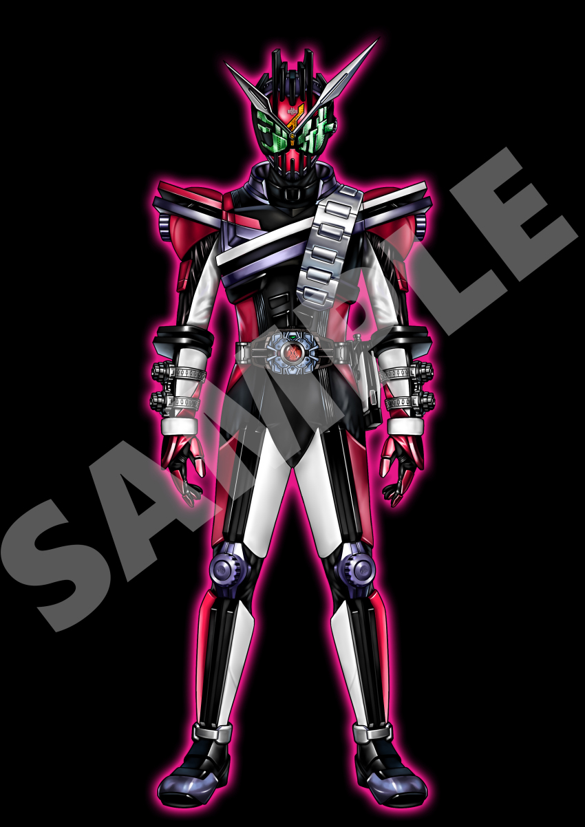 1boy, absurdres, armor, belt, black_armor, black_bodysuit, bodysuit, clock_hands, commentary_request, compound_eyes, decadriver, fusion, green_eyes, helmet, highres, horns, kamen_rider, kamen_rider_dcd, kamen_rider_decade, kamen_rider_zi-o, kamen_rider_zi-o_(series), looking_at_viewer, neofrontier, pink_armor, ride_booker, rider_belt, ridewatch, shoulder_armor, solo, tokusatsu, zi-o_ridewatch, ziku-driver
