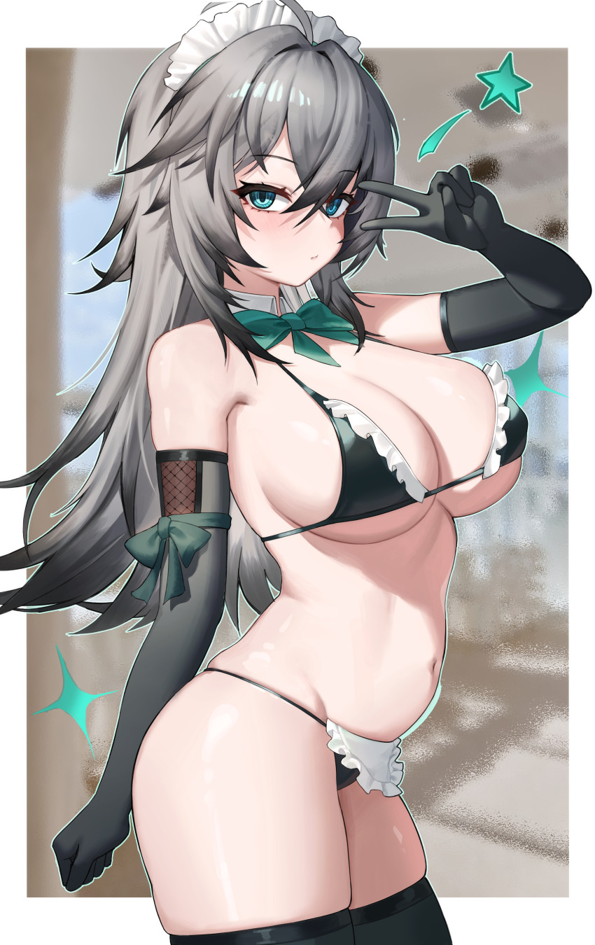 1girl, absurdres, ahoge, apron, bare_shoulders, bikini, black_bikini, black_survival, black_thighhighs, blue_eyes, blurry, blurry_background, bow, bowtie, breasts, cleavage, closed_mouth, cowboy_shot, dasi_(kwts3227), detached_collar, elbow_gloves, eternal_return:_black_survival, expressionless, frilled_bikini, frills, gloves, gradient_hair, grey_gloves, grey_hair, hair_between_eyes, halterneck, hand_up, highres, katja_(black_survival), large_breasts, long_hair, looking_at_viewer, maid, maid_bikini, maid_headdress, multicolored_hair, navel, skindentation, solo, star_(symbol), stomach, string_bikini, swimsuit, thighhighs, thighs, unconventional_maid, underboob, v, waist_apron