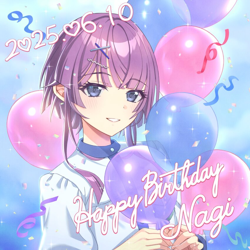 1girl, 2025, absurdres, agarie_nagi, artist_request, balloon, blue_background, blue_eyes