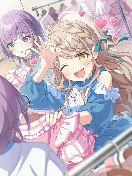 +_+, 2girls, against_mirror, agarie_nagi, artist_request, bare_shoulders, blue_dress, blue_eyes