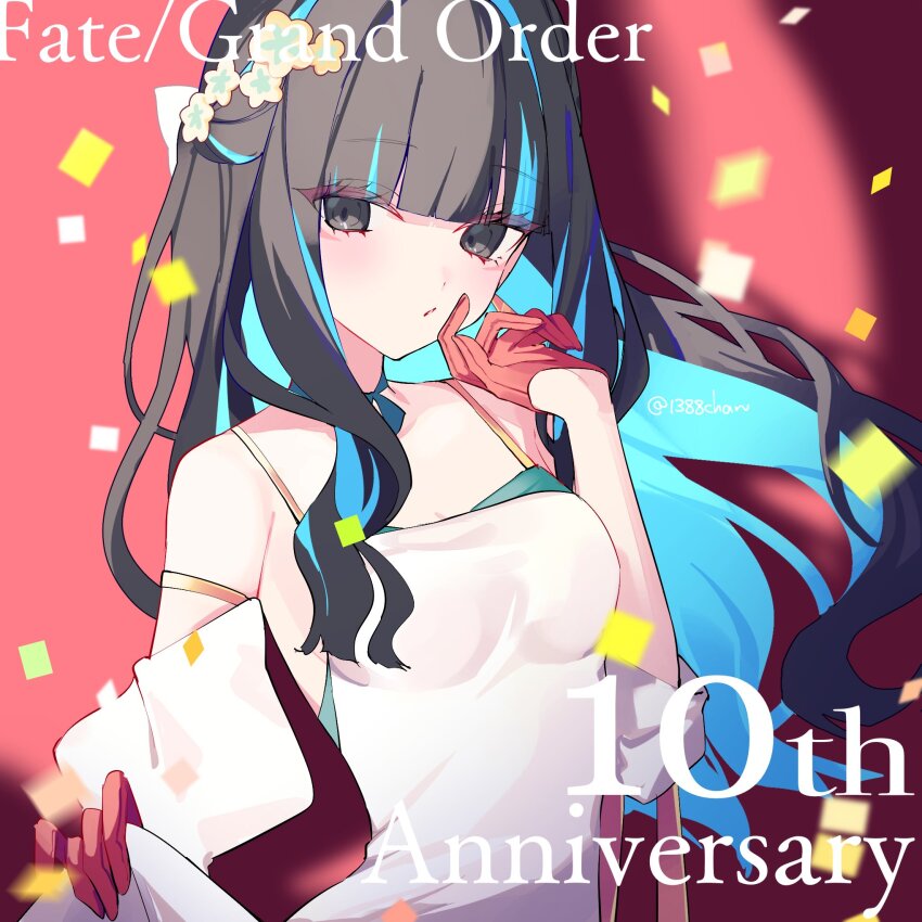 1388chan, 1girl, bare_shoulders, black_hair, blue_hair, blush, breasts, choker