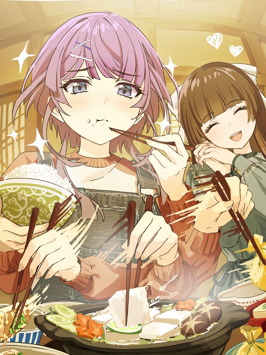 2girls, absurdres, agarie_nagi, artist_request, blue_eyes, bow, bowl, brown_hair