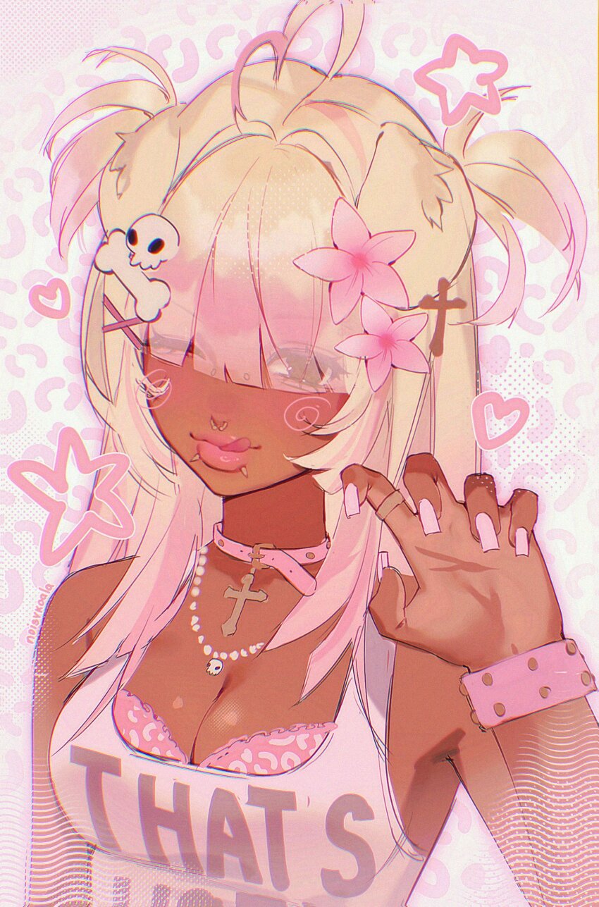 1girl, absurdres, aegyo_sal, ahoge, animal_ear_piercing, animal_ears, animal_print, bead_necklace, beads, blonde_hair, blunt_bangs, bone_hair_ornament, bra, breasts, choker, cleavage, commentary, cross, dark-skinned_female, dark_skin, dog_ears, dog_girl, english_commentary, eyes_visible_through_hair, fingernails, flower, gao, gradient_hair, gyaru, hair_flower, hair_ornament, hair_over_eyes, hairclip, hand_up, heart, heart_ahoge, highres, jewelry, leopard_print, licking_lips, long_fingernails, mcbling, medium_breasts, misa_(noisykoala), multicolored_hair, necklace, noisykoala, one_eye_closed, original, pendant, pink_bra, pink_choker, pink_flower, pink_hair, pink_nails, rokku_gyaru, skull_hair_ornament, solo, tan, tank_top, tongue, tongue_out, two_side_up, underwear, white_tank_top, y2k_fashion