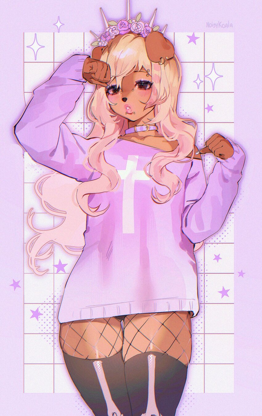 1girl, animal_ears, animal_nose, black_thighhighs, blonde_hair, bone_print, brown_fur, choker, commentary, cross, cross_print, dog_ears, dog_girl, dog_tail, english_commentary, fashion, fishnet_pantyhose, fishnets, flower, furry, furry_female, grid_background, head_wreath, highres, long_hair, long_sleeves, misa_(noisykoala), noisykoala, original, oversized_sweater, pantyhose, pastel_colors, pastel_goth, purple_choker, purple_flower, purple_sweater, purple_theme, raccoon_tails_(hairstyle), rose, spiked_head_wreath, spikes, sweater, tail, thighhighs, wavy_hair