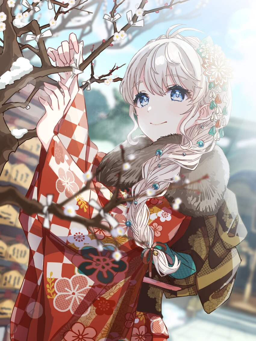 1girl, absurdres, artist_request, blonde_hair, blue_eyes, blue_sky, blurry, blurry_background