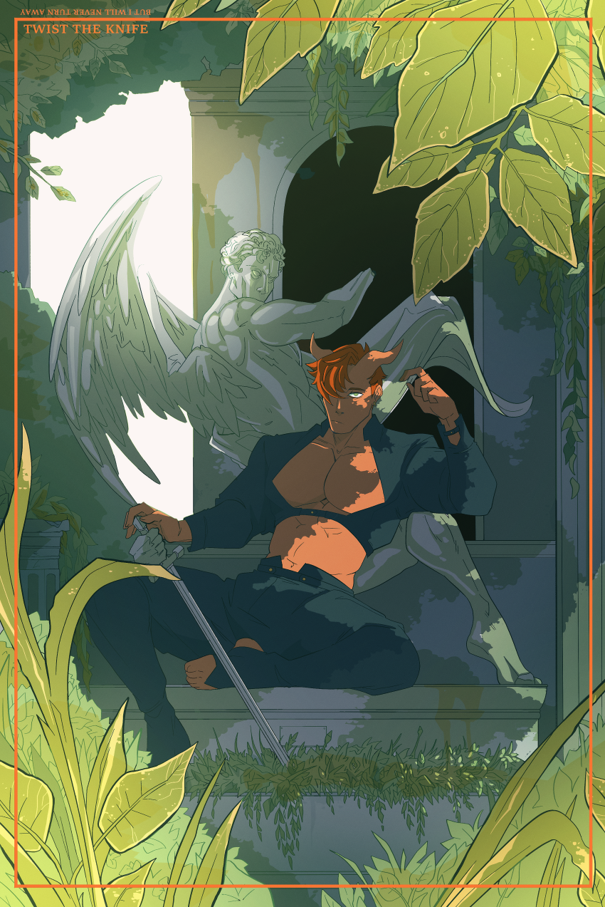 angel, angel_wings, border, dark-skinned_male, dark_skin, demon_boy, demon_horns, drawfee