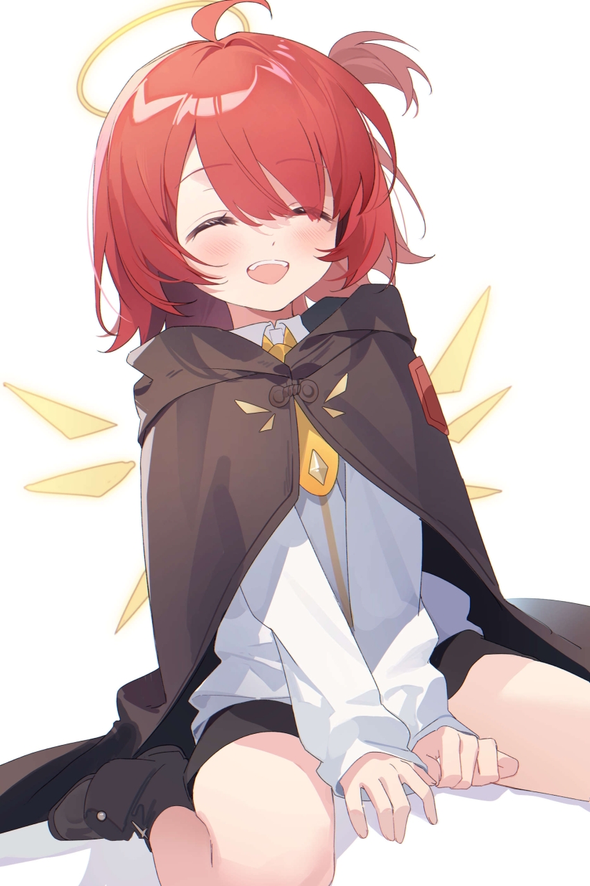 1girl, absurdres, arknights, black_cape, black_shorts, blush, cape, closed_eyes