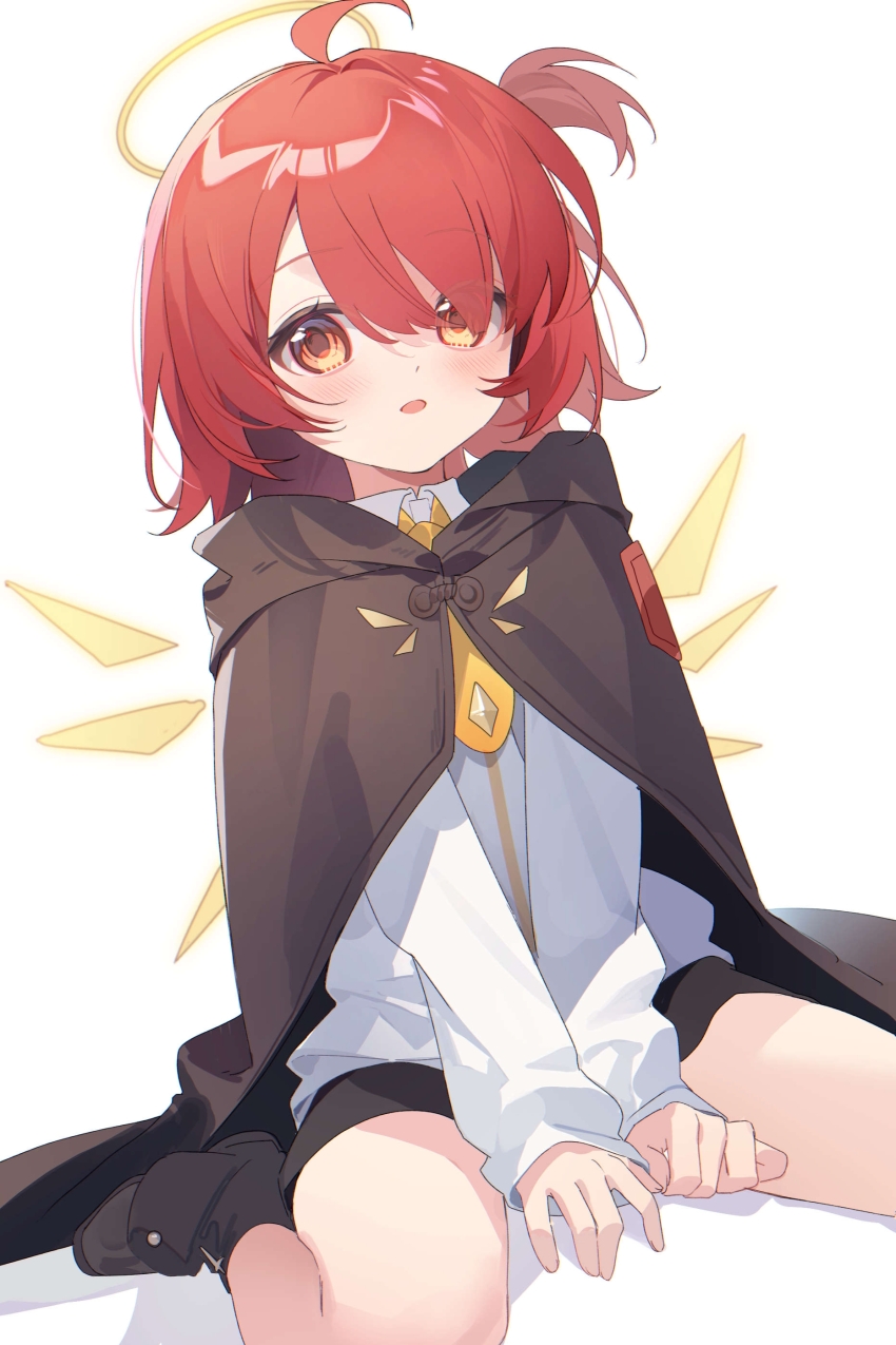 1girl, absurdres, arknights, black_cape, black_shorts, blush, cape, collared_shirt, detached_wings, exusiai_(arknights), exusiai_(young)_(arknights), halo, highres, long_sleeves, looking_at_viewer, necktie, one_side_up, open_mouth, red_eyes, red_hair, shirt, short_hair, short_shorts, shorts, simple_background, sitting, sleeves_past_wrists, solo, traditional_halo, wariza, white_background, white_shirt, wings, yellow_halo, yellow_necktie, yunweishukuang