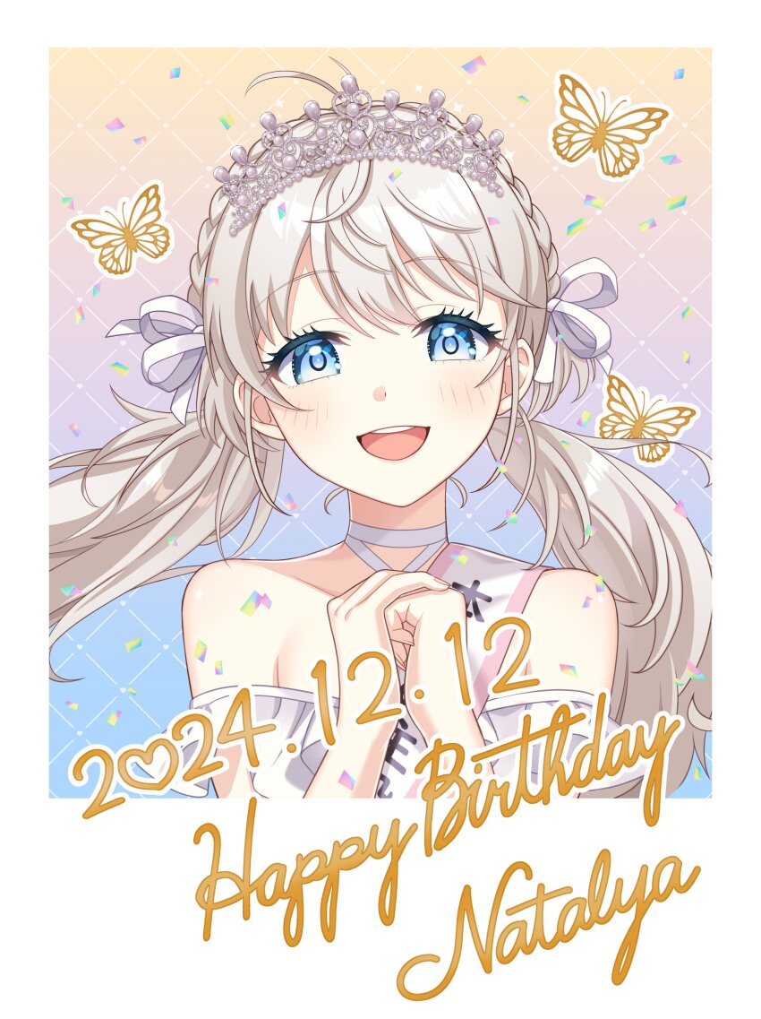 1girl, 2024, absurdres, artist_request, bare_shoulders, blonde_hair, blue_eyes, border