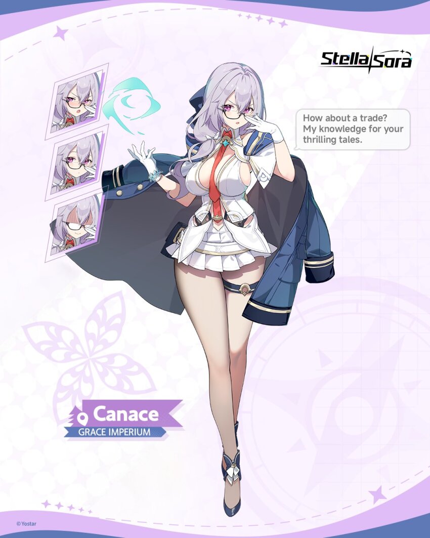 1girl, :o, between_breasts, black-framed_eyewear, blue_coat, blush, breasts, canace_(stella_sora)