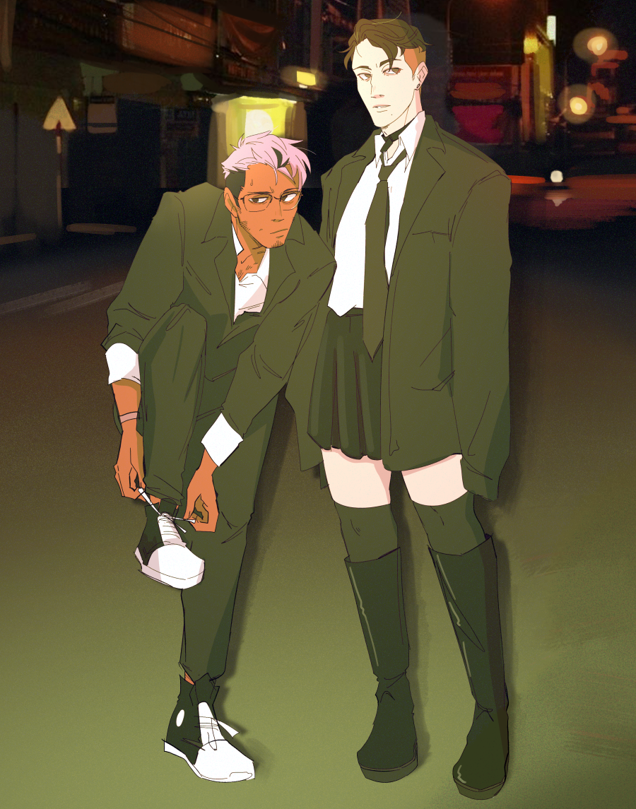2boys, crossdressing, crossdressing_(mtf), dark-skinned_male, dark_skin, drawfee, facial_hair, glasses