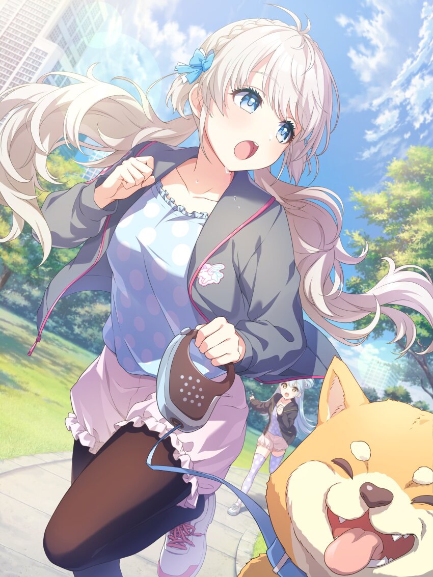 2girls, absurdres, animal_collar, aqua_bow, aqua_hair, artist_request, black_jacket, blonde_hair