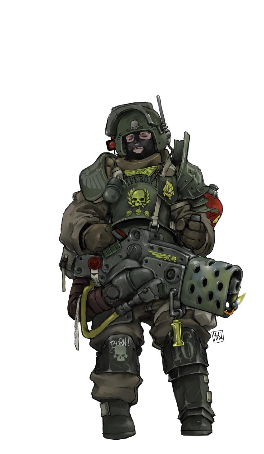 1boy, absurdres, armor, astra_militarum, balaclava, bulletproof_vest, explosive, flamethrower