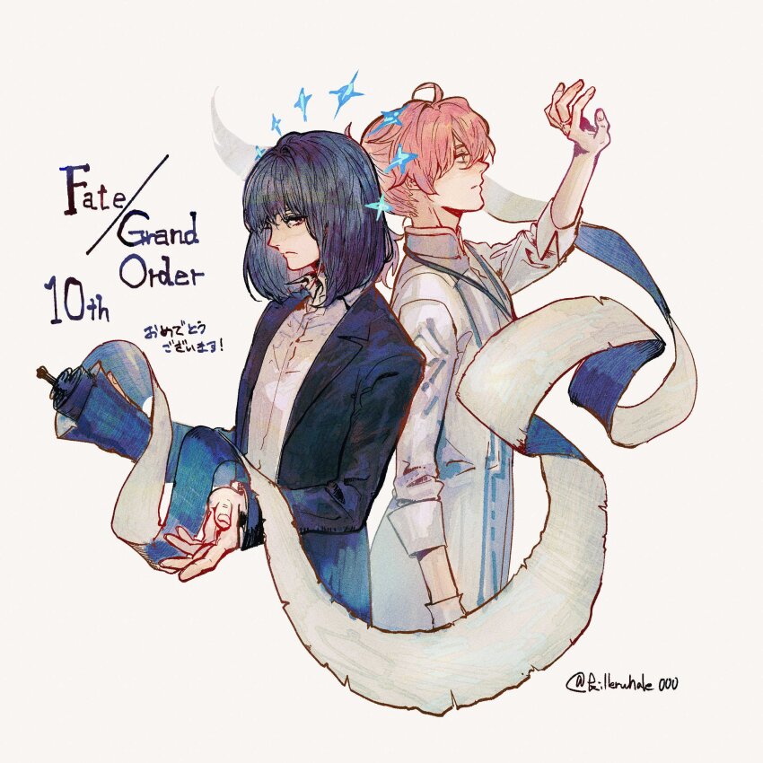 2boys, ahoge, arm_at_side, arm_up, artist_name, back-to-back, black_hair, black_jacket