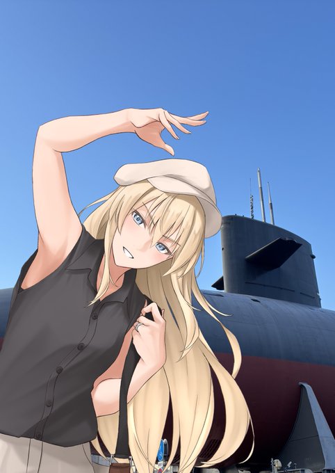 1girl, alternate_costume, atodashi, bag, bismarck_(kancolle), black_shirt, blonde_hair, blue_eyes, blue_sky, commentary_request, hat, jewelry, js_akishio_(ss-579), kantai_collection, kure_(city), long_hair, long_sleeves, looking_at_viewer, outdoors, photo_background, ring, shirt, sky, smile, solo, standing, submarine, upper_body, watercraft, wedding_ring