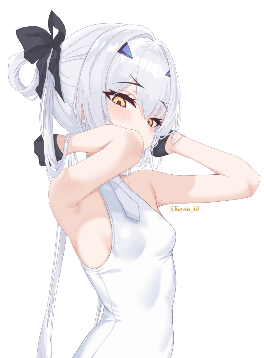 1girl, absurdres, armpits, arms_behind_head, arms_up, bare_arms, bare_shoulders, black_bow