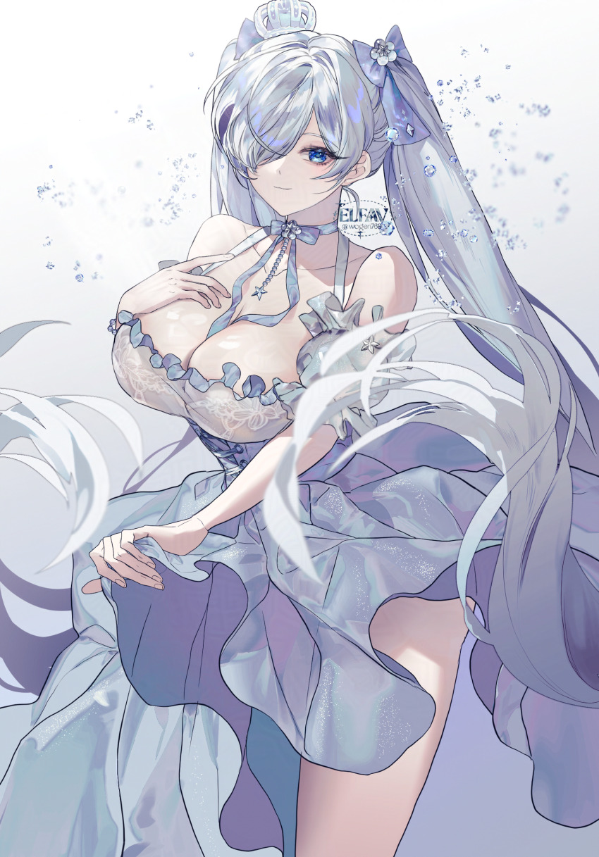 1girl, armband, blue_eyes, bow, cinderella_(glass_princess)_(nikke), cinderella_(nikke), collarbone, commentary