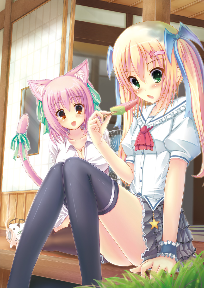 2girls, animal_ears, bad_id, bad_pixiv_id, black_legwear, blonde_hair, blush, borrowed_character