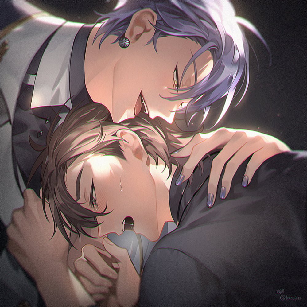 2boys, baegji13, black_background, black_shirt, blurry, blush, brown_eyes, brown_hair