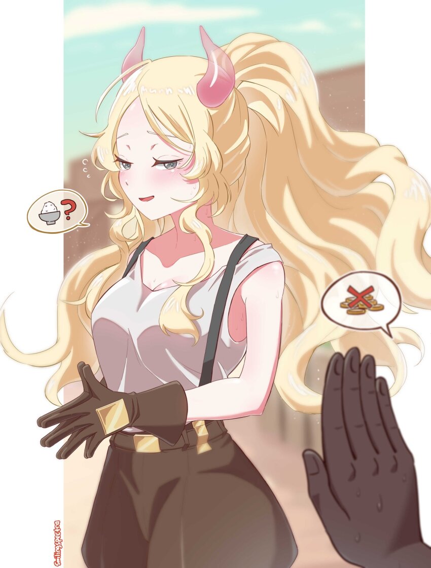 1boy, 1girl, albaz_(yu-gi-oh!), bare_shoulders, black_shirt, blonde_hair, breasts, brown_gloves