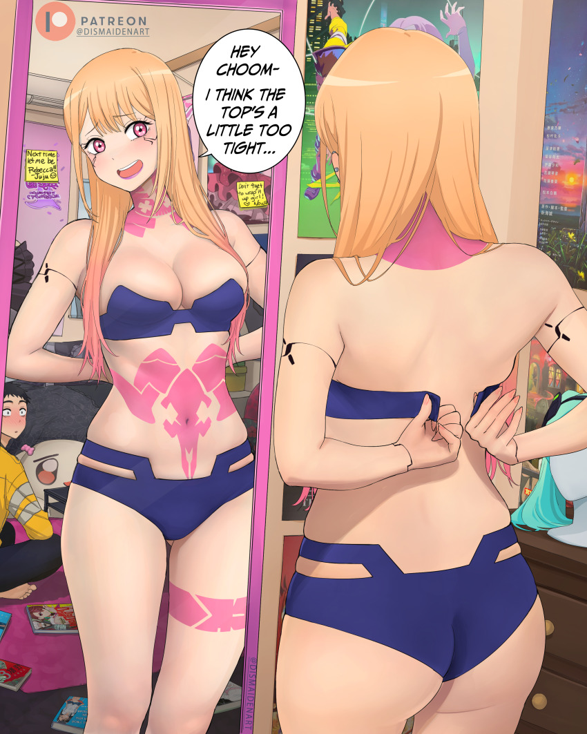 1boy, 1girl, absurdres, arms_behind_back, ass, black_hair, blonde_hair, bodypaint, breasts, cleavage, commentary, cosplay, cyberpunk_(series), cyberpunk:_edgerunners, david_martinez, david_martinez_(cosplay), dismaiden, english_commentary, english_text, gluteal_fold, gojou_wakana, gradient_hair, highres, inconvenient_breasts, indoors, kitagawa_marin, long_hair, looking_at_another, looking_at_viewer, mirror, multicolored_hair, navel, neck_tattoo, open_mouth, patreon_logo, pink_eyes, poster_(object), rebecca_(cyberpunk), rebecca_(cyberpunk)_(cosplay), reflection, sono_bisque_doll_wa_koi_wo_suru, speech_bubble, standing, stomach_tattoo, tattoo, teeth, thighs, underbutt, upper_teeth_only, wig