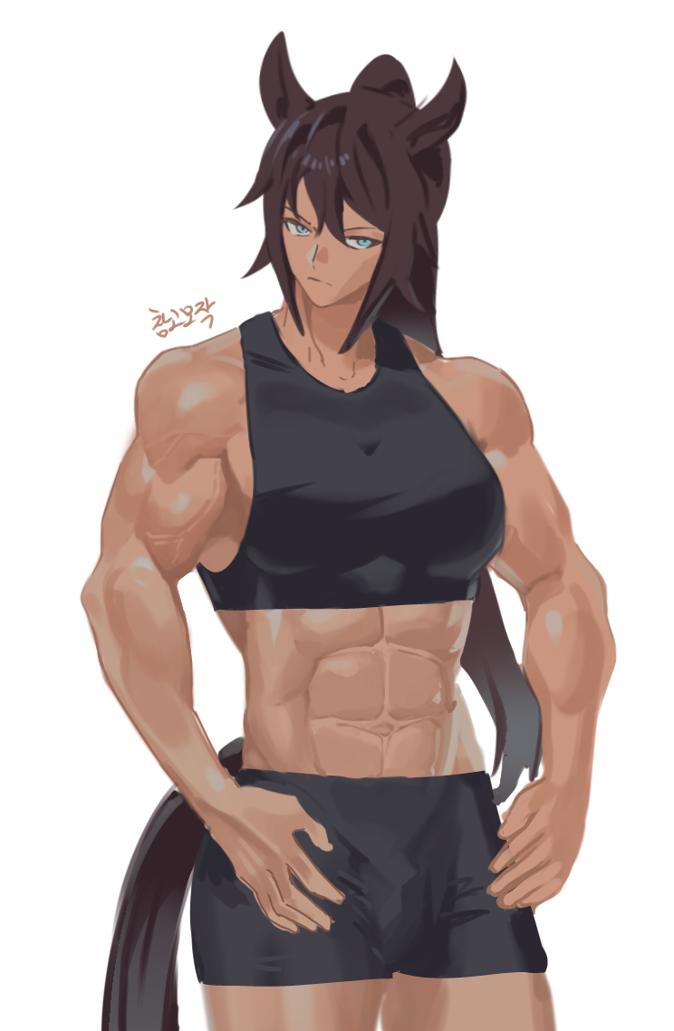 1girl, abs, animal_ears, aqua_eyes, arms_at_sides, biceps, black_shorts, black_sports_bra