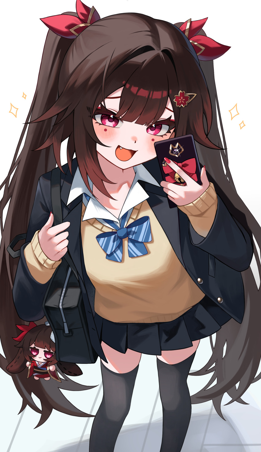 1girl, absurdres, bag, black_jacket, black_skirt, black_thighhighs, blush, brown_hair, character_doll, commentary, doll, fang, hair_ornament, hairclip, highres, holding, holding_bag, holding_phone, honkai:_star_rail, honkai_(series), jacket, long_hair, looking_at_phone, mark_under_both_eyes, nhom_(woogi), open_mouth, phone, pink_eyes, school_uniform, shirt, skirt, smile, solo, sparkle, sparkle_(honkai:_star_rail), sweater_vest, symbol_in_eye, thighhighs, twintails, white_shirt