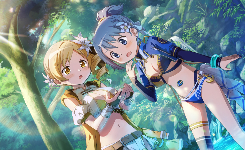 2girls, anchor, arm_warmers, artist_request, bamboo, bare_shoulders, belt, belt_buckle