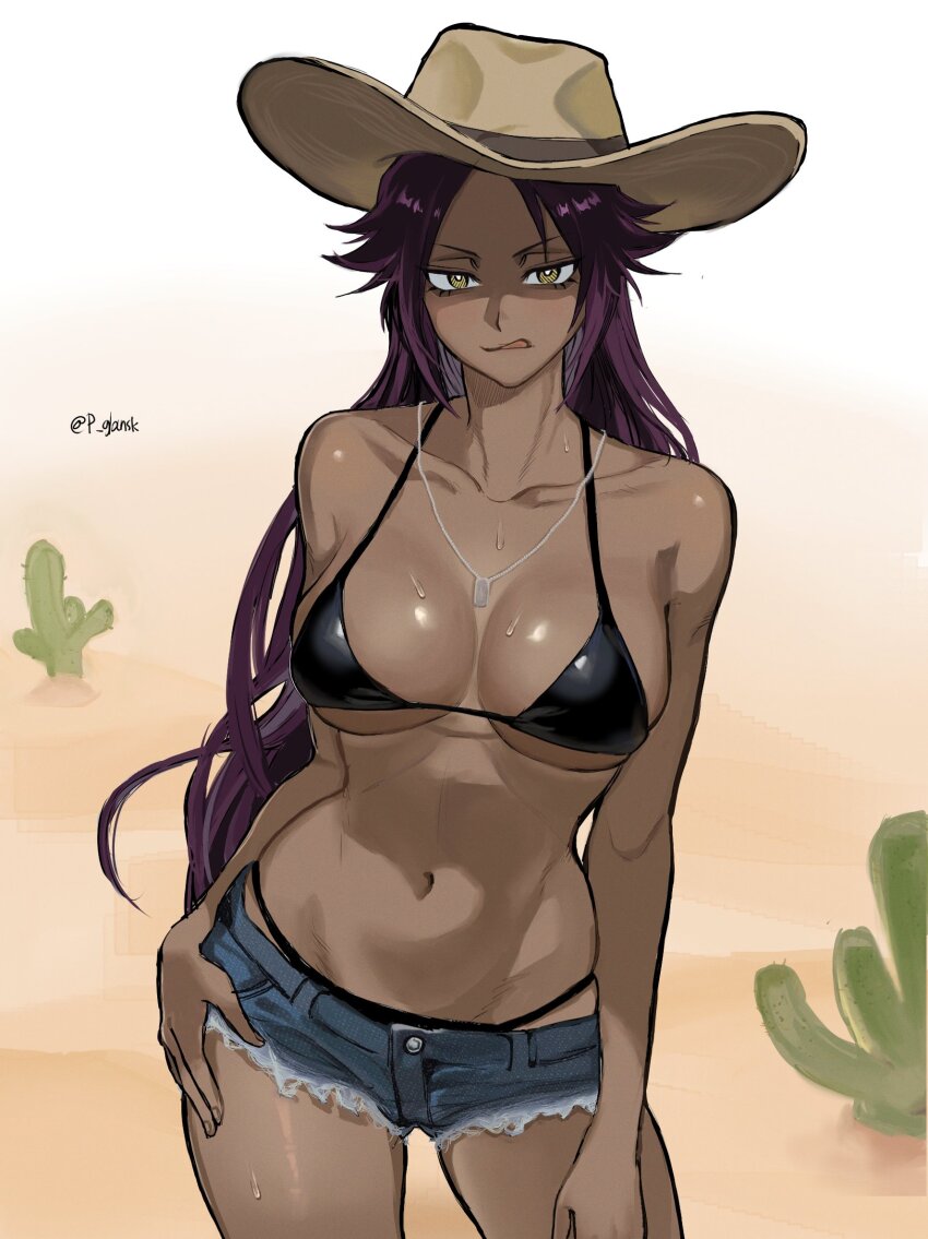 1girl, artist_name, bare_shoulders, bikini, bikini_bottom_under_shorts, bikini_top_only, bikini_under_clothes, black_bikini, bleach, breasts, breasts_apart, cactus, chain, chain_necklace, collarbone, cowboy_hat, curvy, dark-skinned_female, dark_skin, denim, denim_shorts, desert, female_focus, hair_down, hand_on_own_hip, hat, highres, jewelry, large_breasts, licking_lips, long_hair, looking_at_viewer, navel, necklace, p_glansk, parted_bangs, purple_hair, shihouin_yoruichi, shiny_skin, short_shorts, shorts, solo, standing, stomach, sweat, swimsuit, thong, thong_bikini, tongue, tongue_out, underboob, wide_hips, yellow_eyes