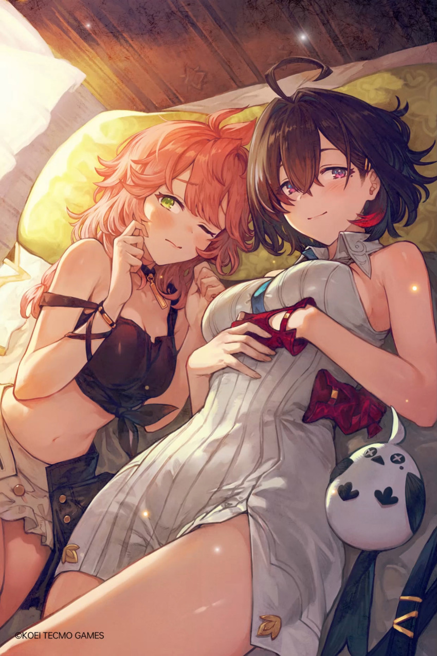 2girls, ahoge, atelier_(series), atelier_yumia, bad_source, bare_shoulders, bed, benitama