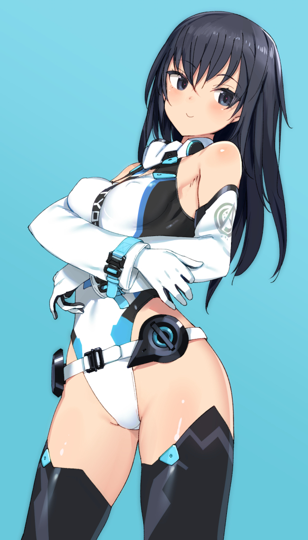 1girl, agatsuma_kei, alice_gear_aegis, black_eyes, black_hair, black_thighhighs, blush, bodysuit, breasts, closed_mouth, commentary_request, covered_erect_nipples, crossed_arms, detached_sleeves, gloves, highleg, impossible_bodysuit, impossible_clothes, looking_at_viewer, shimada_fumikane, small_breasts, smile, solo, thighhighs, white_gloves