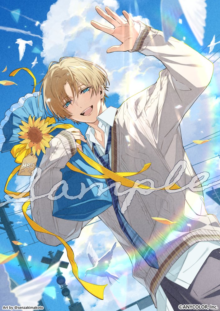 1boy, :d, bird, blonde_hair, blue_eyes, blue_necktie, blue_sky, cloud