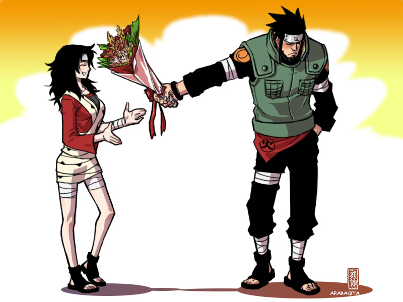 1boy, 1girl, bandages, black_hair, blush, bouquet, couple, flak_jacket